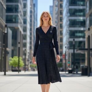 41 Hawthorn Black and Blue Long Sleeve Wrap Dress